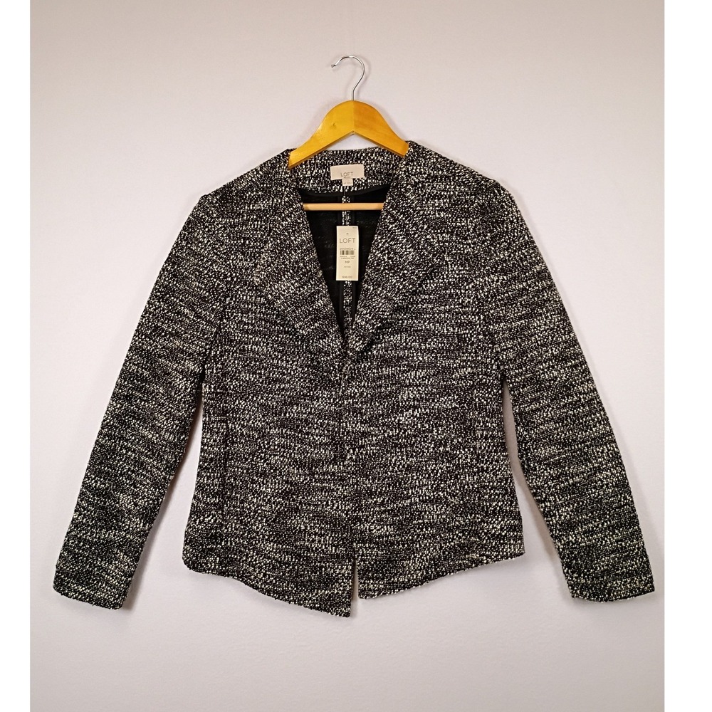 Professional LOFT Women Size MP Black White Textured Tweed Knit Blazer Jacket